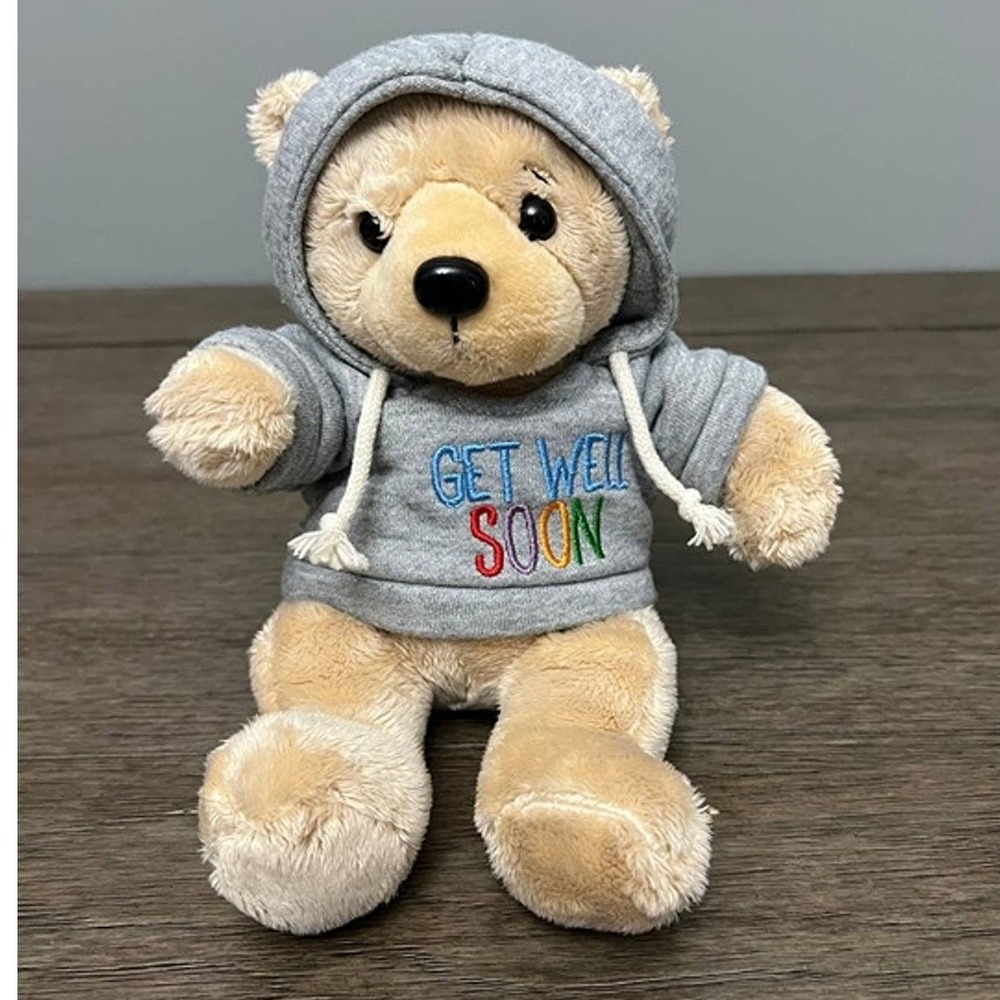 Ganz Teddy Bear Get Well Soon Plush Tan Stuffed Animal Grey Hoodie Recovery Gift